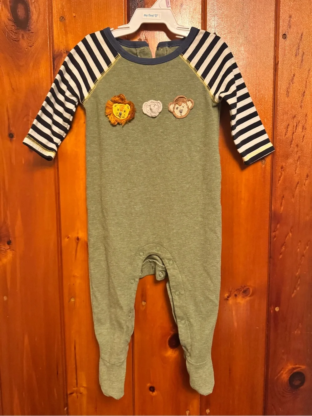 Mud Pie Olive Green Footie with Striped Navy Sleeves and Animal Patches